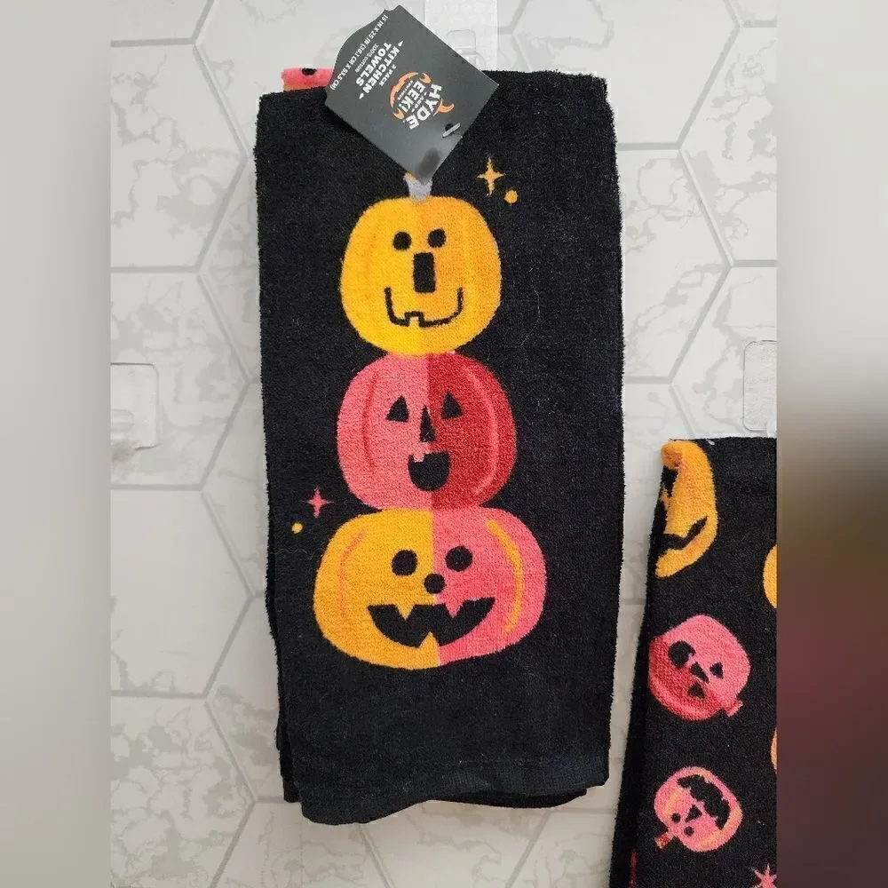 Lot of 2 Jack-O'-Lantern Halloween Kitchen Terry Towels Sets, Hyde & EEK!